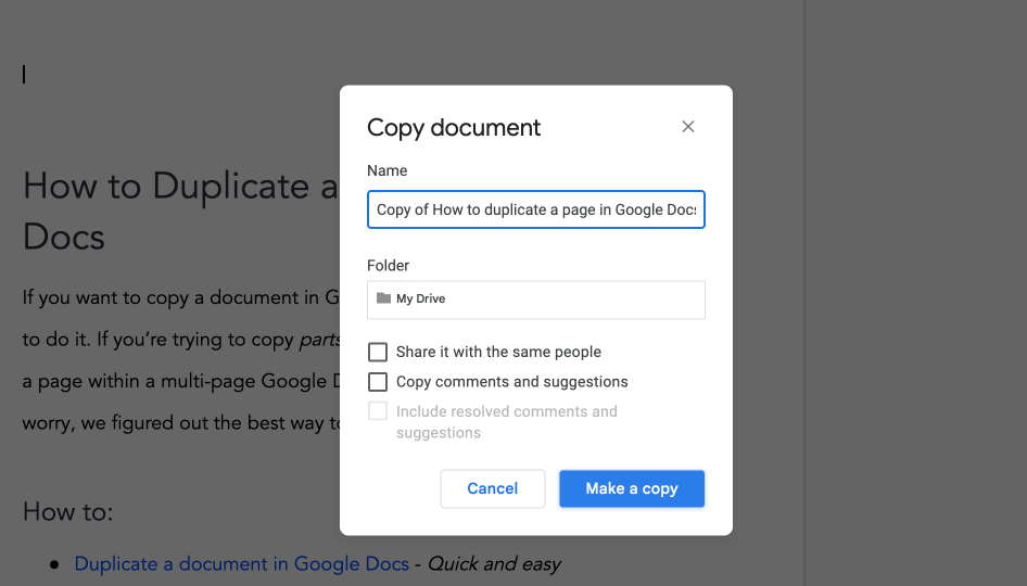 Screenshot of file menu in Google Docs