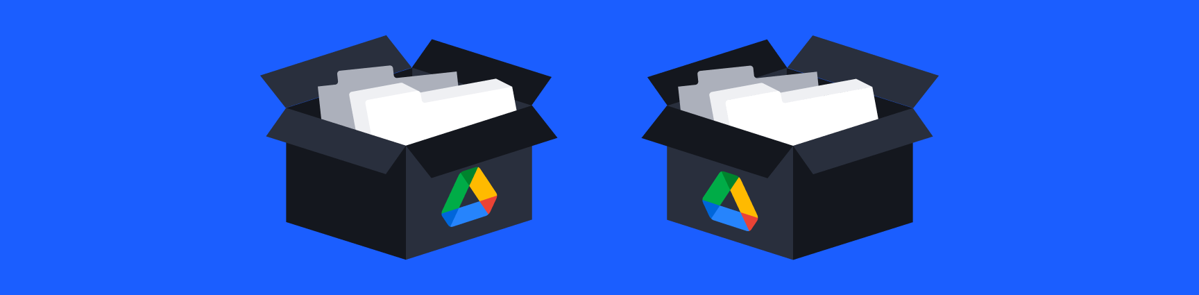 Two boxes with duplicated Google Drive folders, set on a blue background