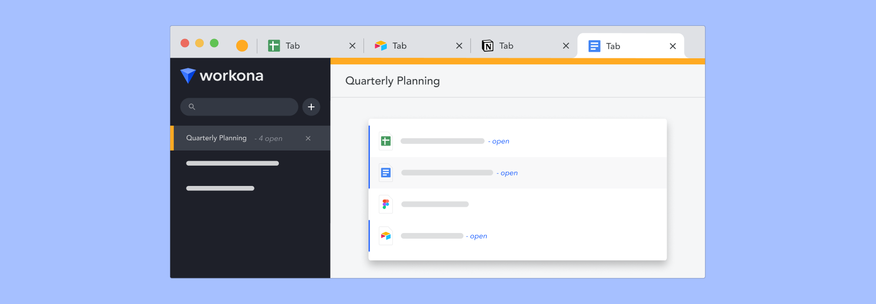 The Workona interface on a light blue background, with tabs separated by project