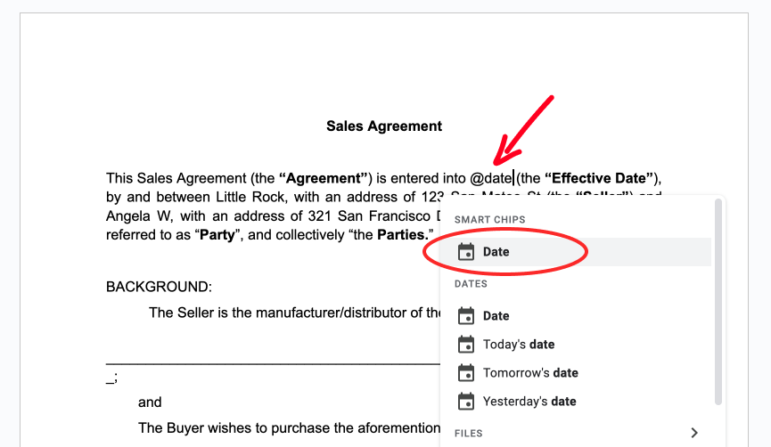 Screenshot of inserting any date in Google Doc