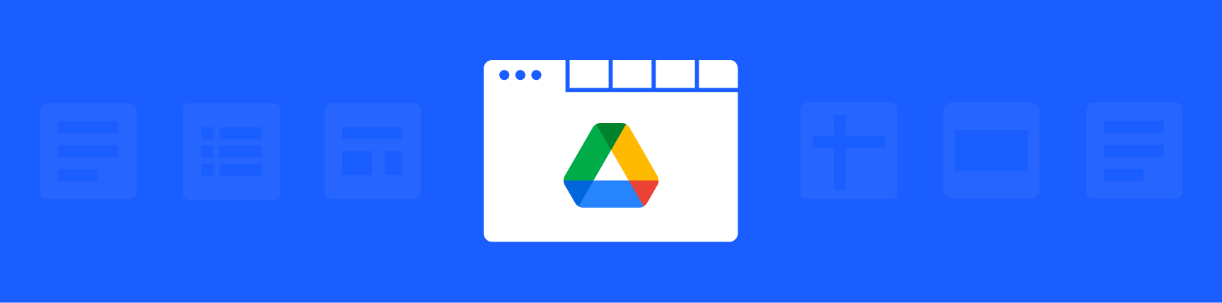 Google Drive logo with a background of Google product logos like Google Docs and Sheets