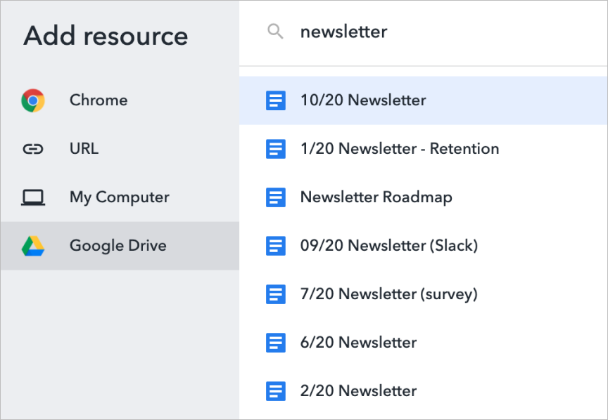 Workona Add Resource modal with Google Drive integration selected