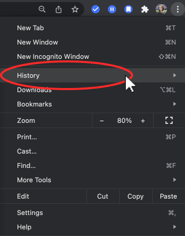 Screenshot of Google Chrome history option in menu