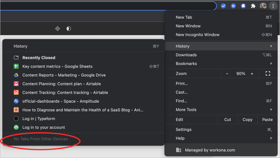 Screenshot of restore modal in Google Chrome menu, with closed tabs visible