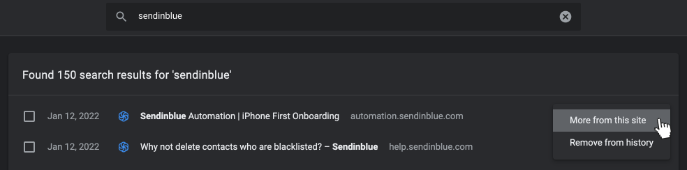 Screenshot of Google Chrome tab search, with the option to select more search results from a specific site