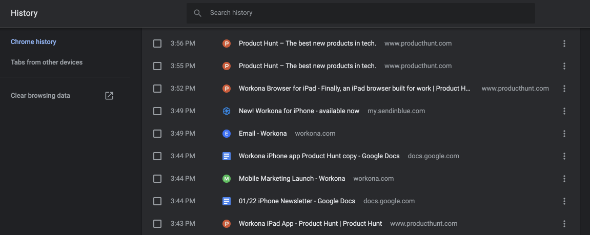 Screenshot of closed tabs in Chrome history