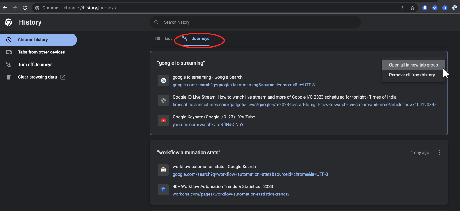 Screenshot of Journeys feature in Chrome history to help users restore tabs