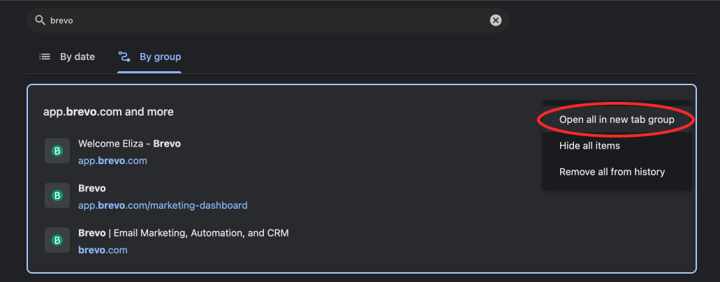 Screenshot of Google Chrome tab search in history, with option to open in new tab group
