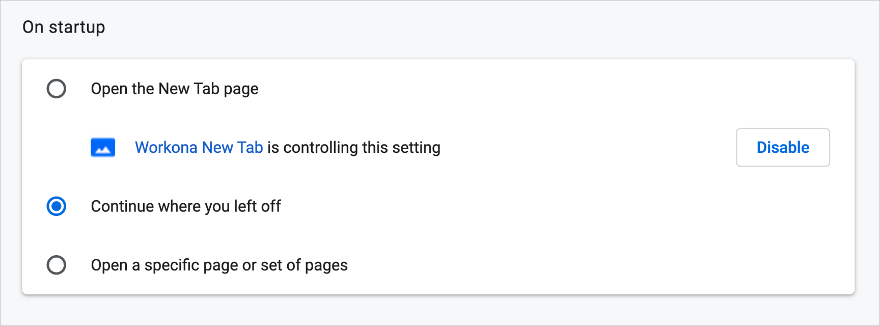 Screenshot of Chrome setting 'Continue where you left off' enabled