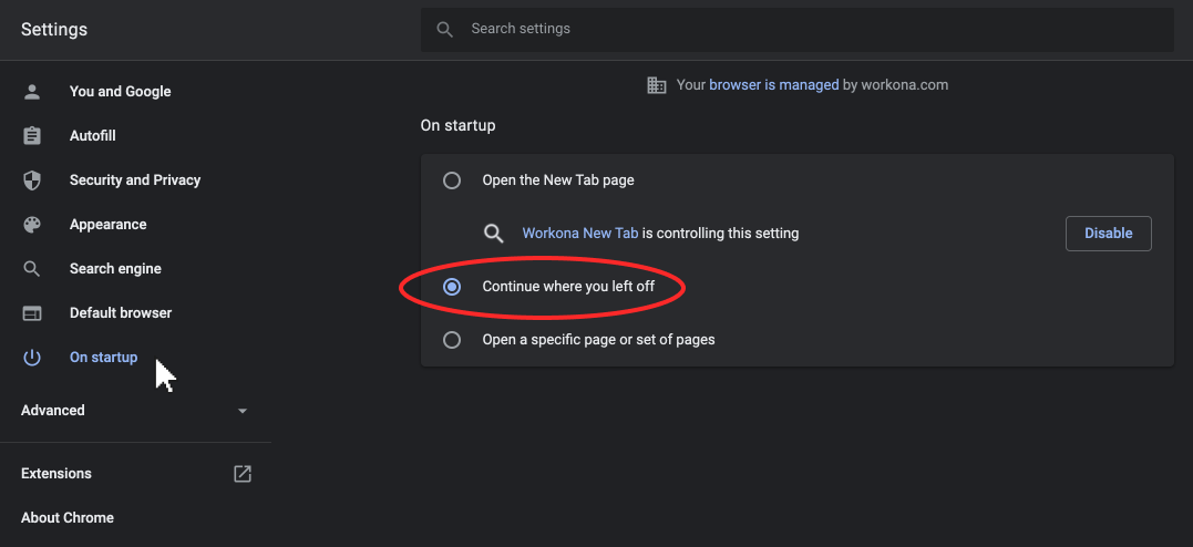 Screenshot of Chrome setting enabled to continue where you left off