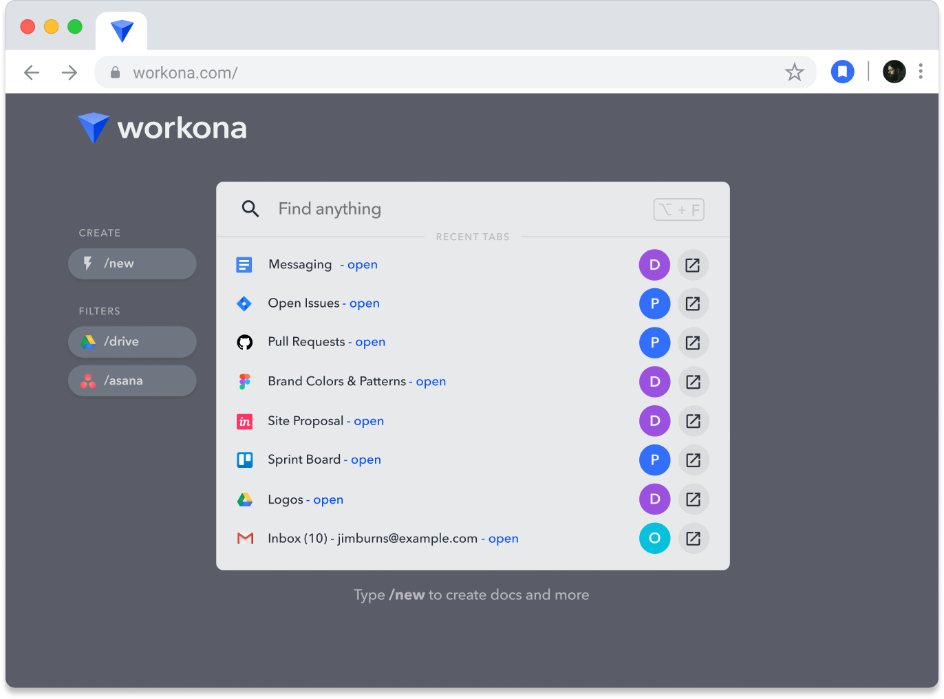 Screenshot of Workona's search modal and its search results
