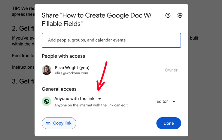 Screenshot of editing sharing permissions in Google Docs