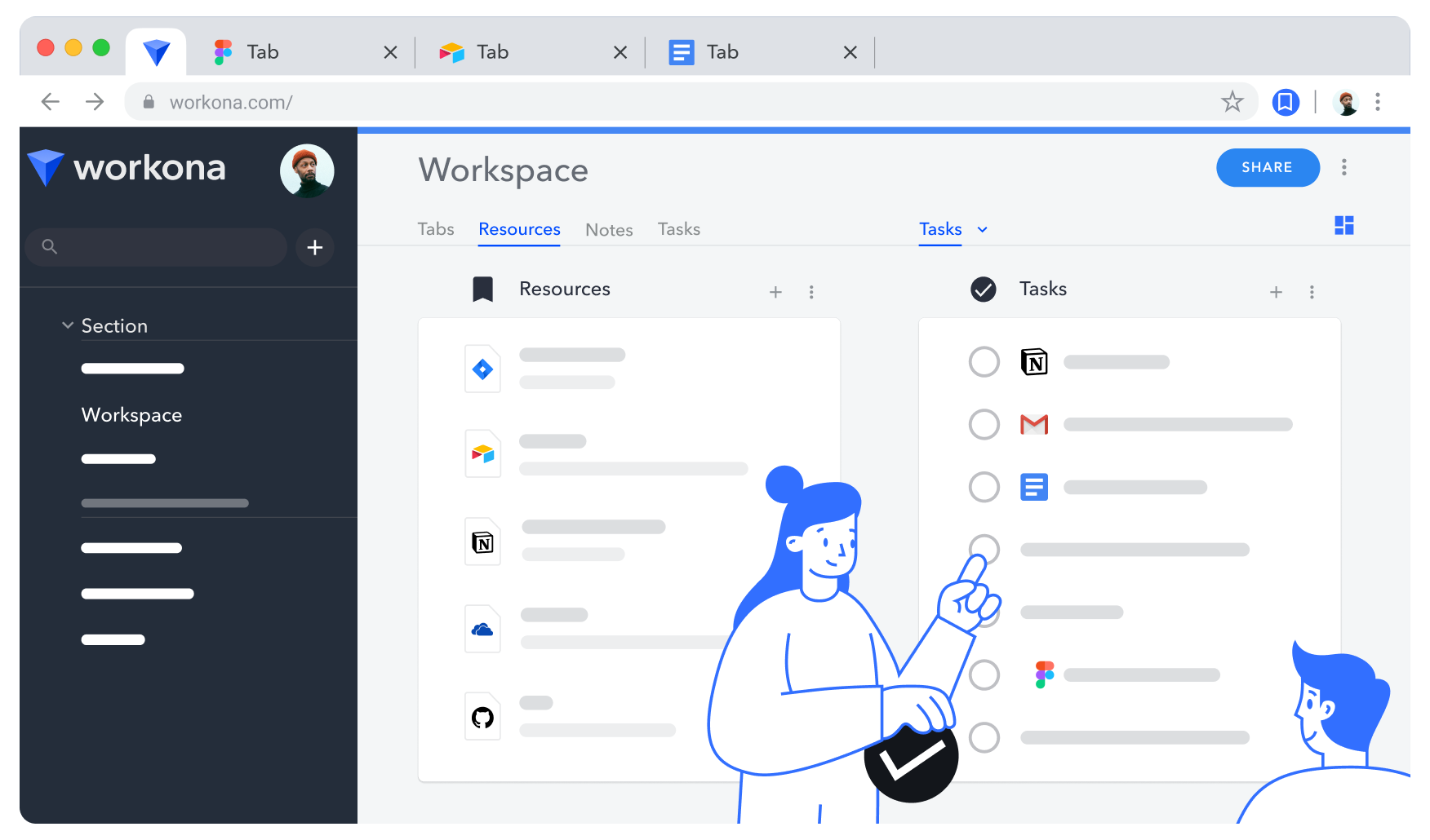 Workona interface, with two characters checking off tasks