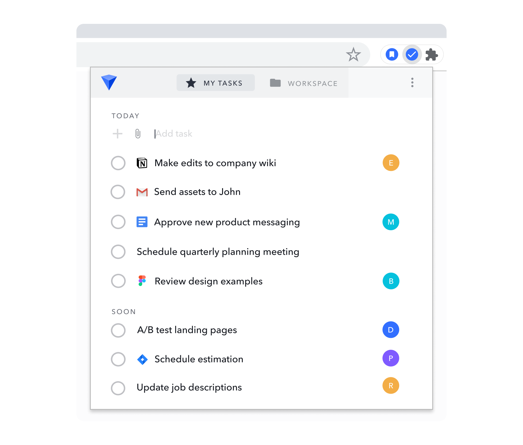 Image of My Tasks list in Workona, with separate sections for urgent tasks versus upcoming tasks