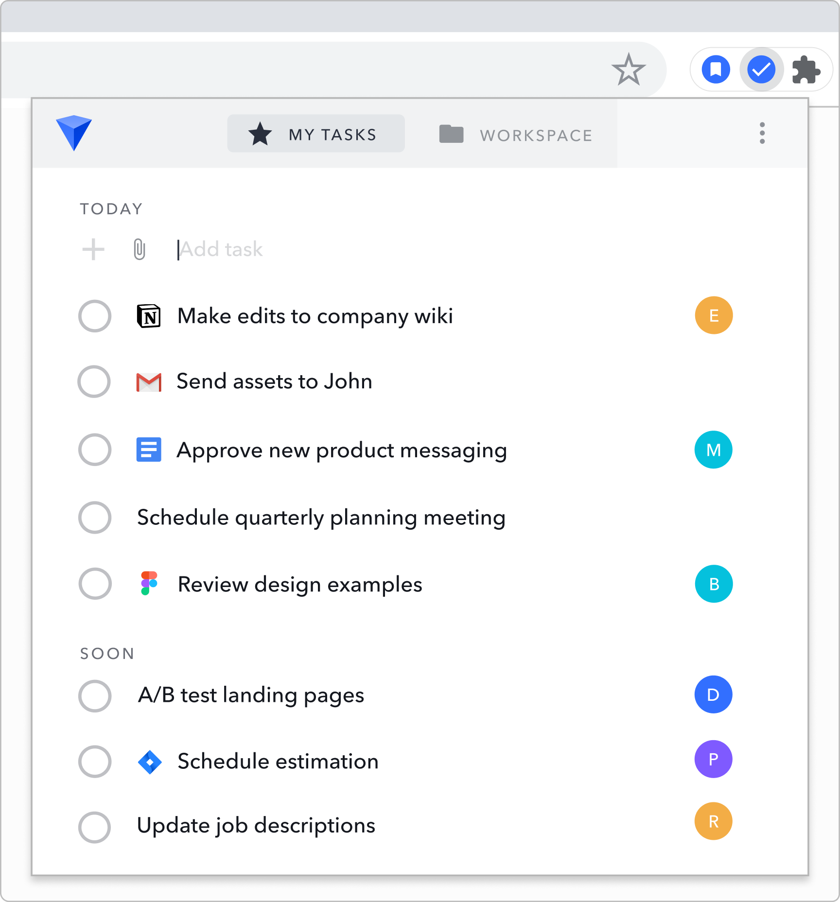 Image of My Tasks list in Workona, with separate sections for urgent tasks versus upcoming tasks