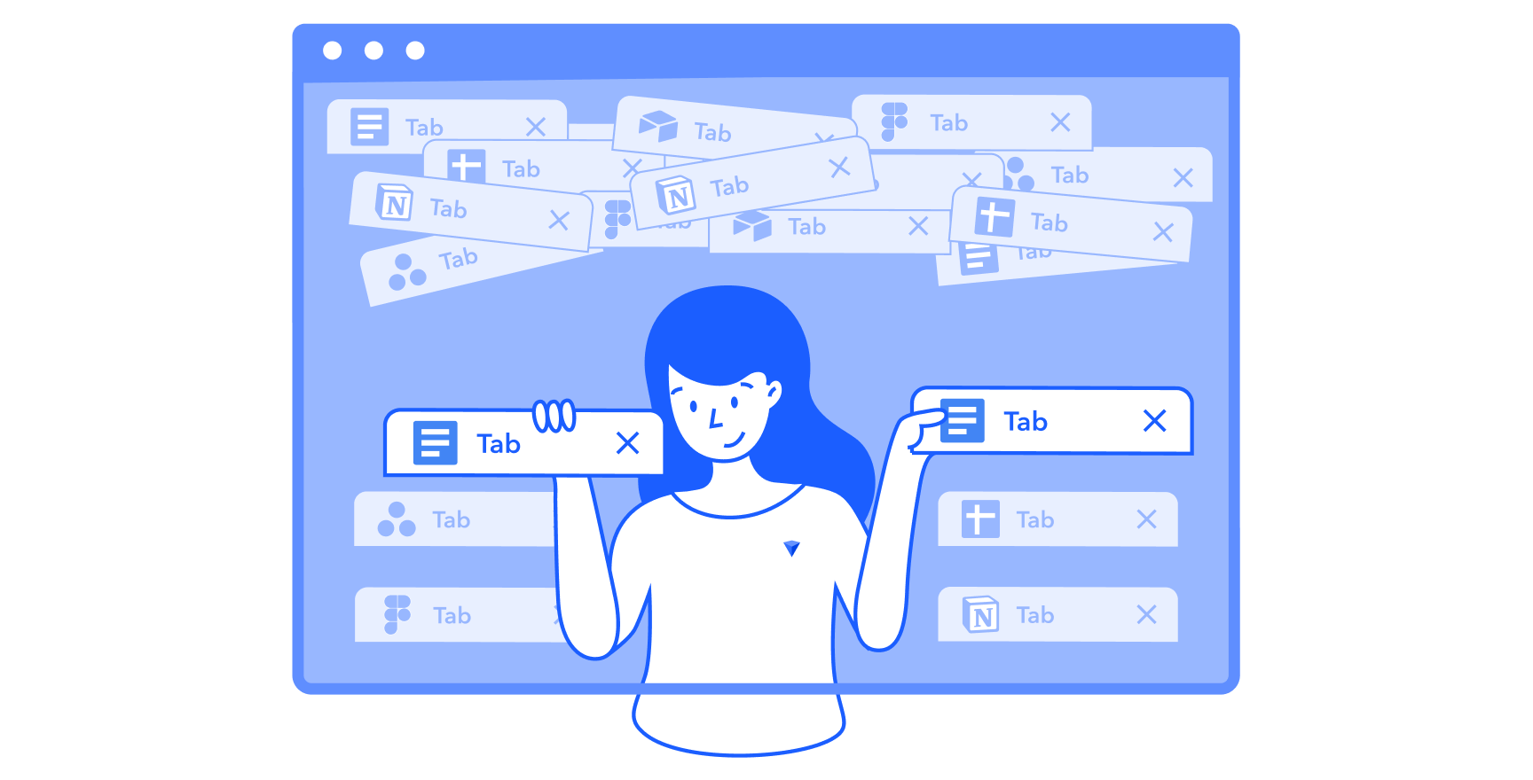 From a sea of disorganized browser tabs, a character organizes her tabs into neat sections