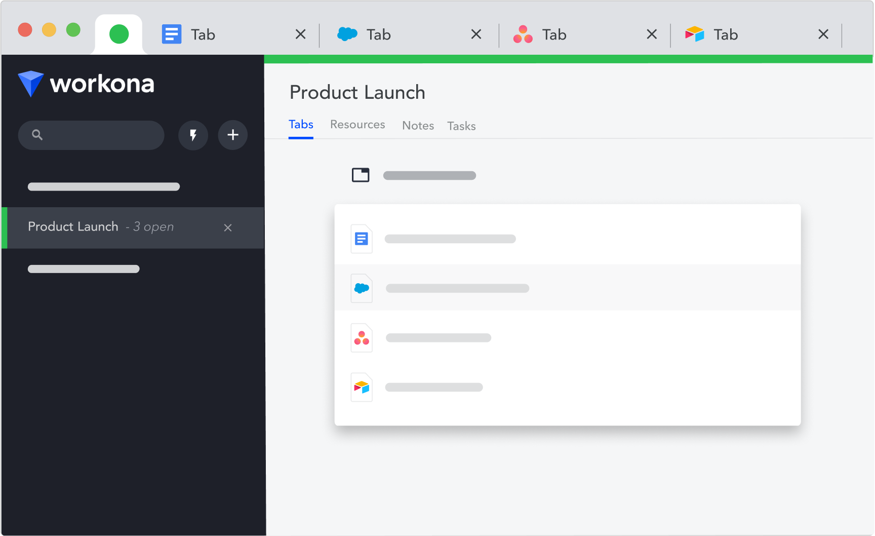 Workona interface with tabs visible in a list