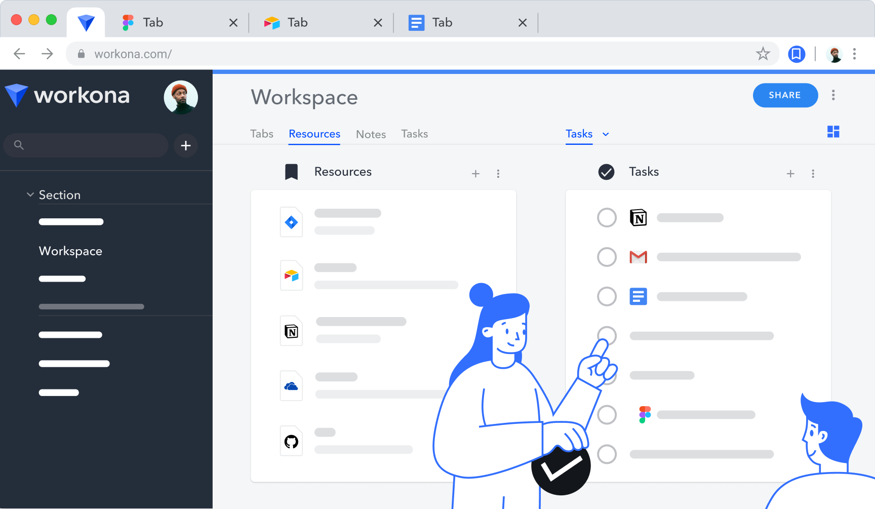 A Workona workspace with cloud docs and links saved all in one place