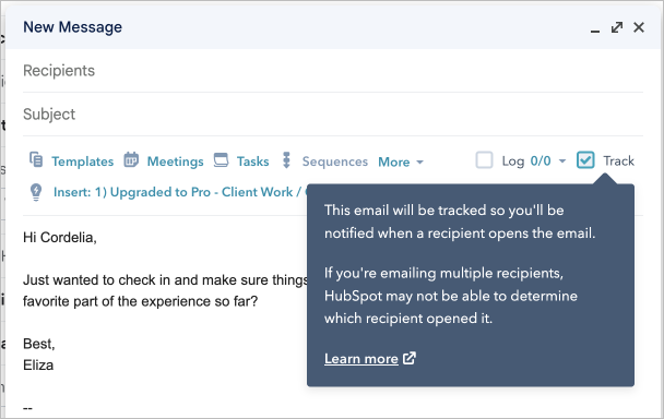 Screenshot of Hubspot extension in Gmail, showing features like templates, tasks, and logging contact information