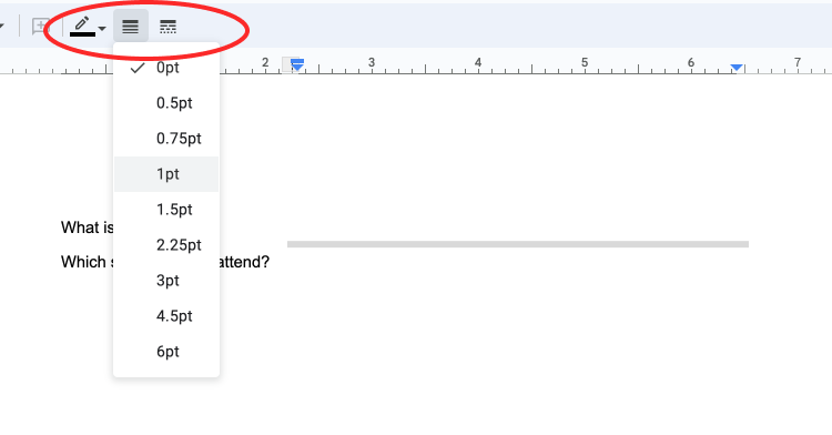 Screenshot of formatting fillable line in Google Docs table