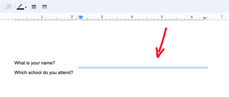 Screenshot of selecting a fillable line in Google Docs table