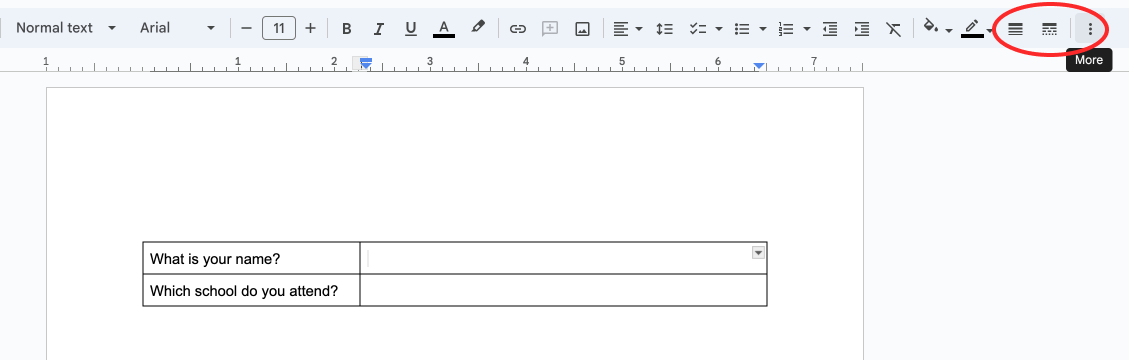 Screenshot of table options menu in Google Docs