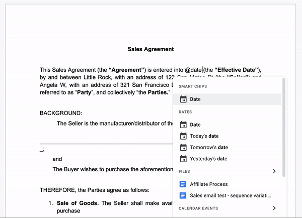 Gif of selecting a timestamp in Google Docs with Date smart chip