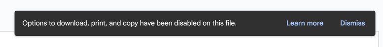 Screenshot of Google Drive dialog warning users they cannot download, print, or copy the file