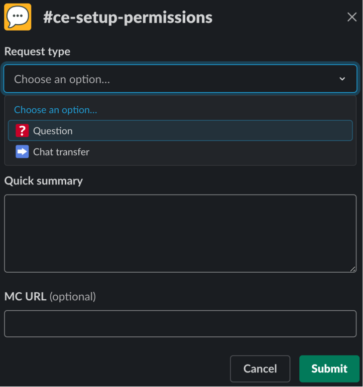 Screenshot of Slack's automation option to send certain specialized requests to the right place