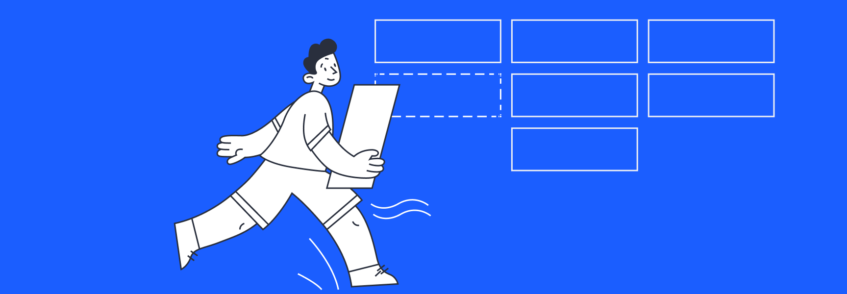 Figure moving swiftly to a task board, carrying a white to-do item to add to the board