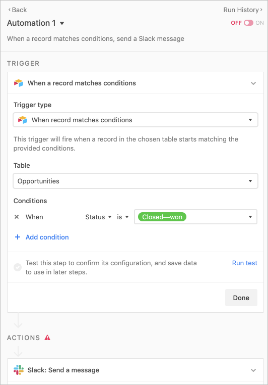 Screenshot of Airtable automation options, starting with the trigger and ending with the action