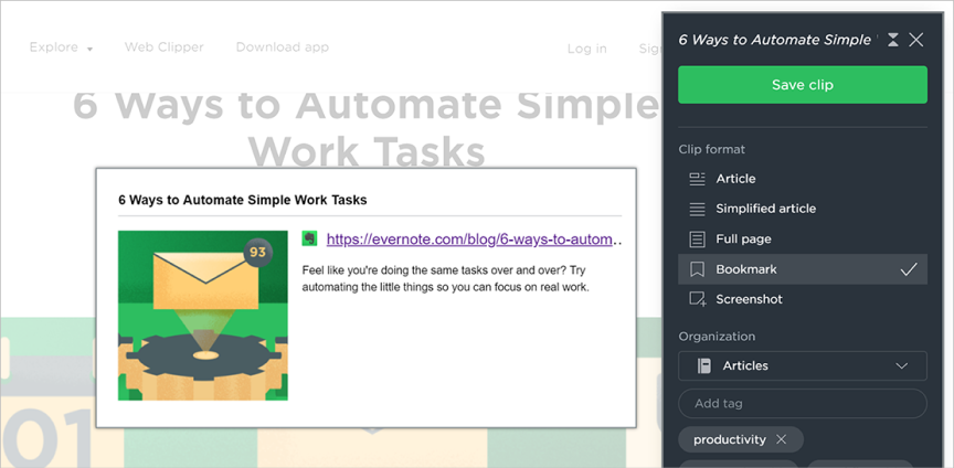 Screenshot of Evernote's bookmark feature