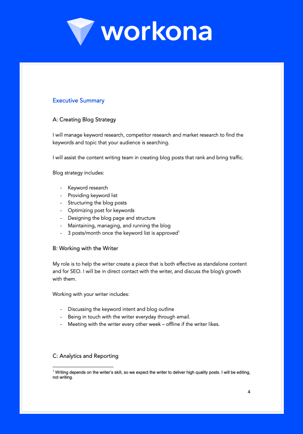 Project proposal template preview on a blue background with the Workona logo