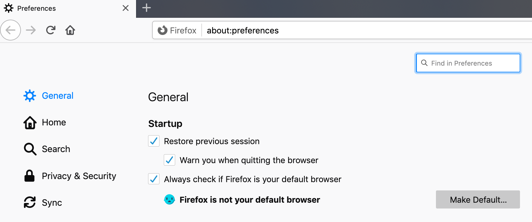 Screenshot of Firefox settings page allowing users to opt in to a warning when quitting the browser