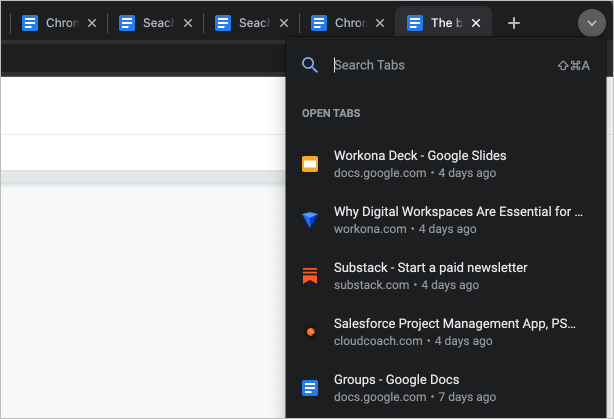 Screenshot of Chrome search all tabs feature