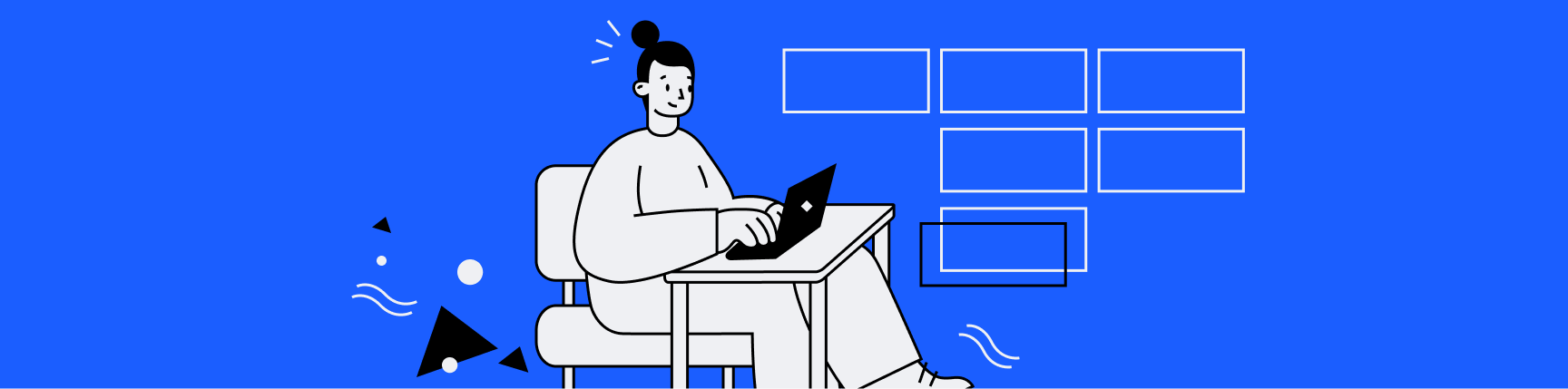 Woman smiling and typing on a laptop on a blue background with a project management grid to her right
