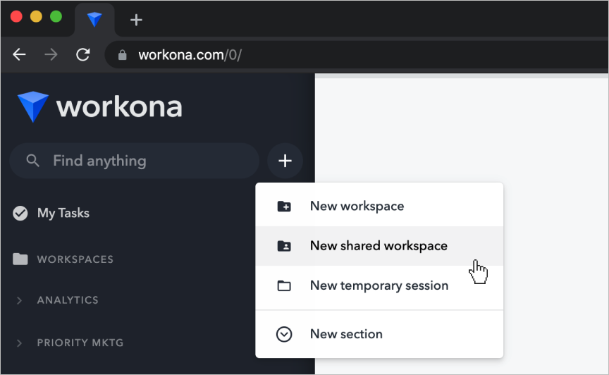 Screenshot of Workona's create workspace menu