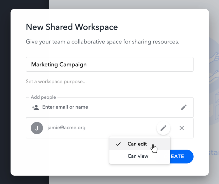 Screenshot of Workona's create shared workspace flow