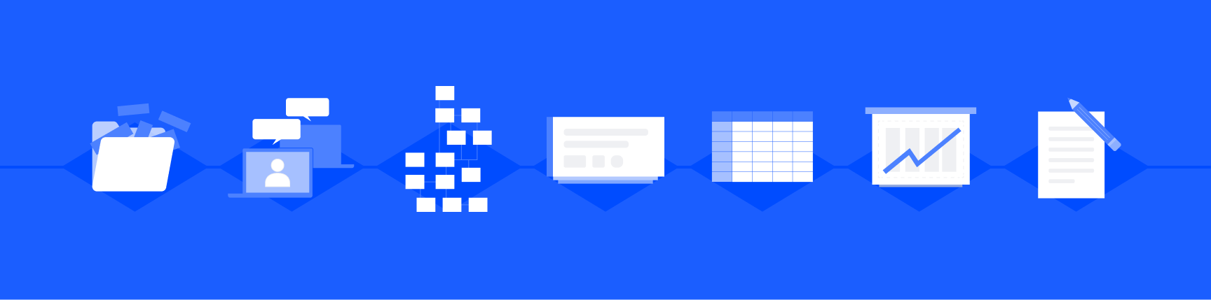 Workflow app visualization for teams including chat, collaboration, notes, and charts.