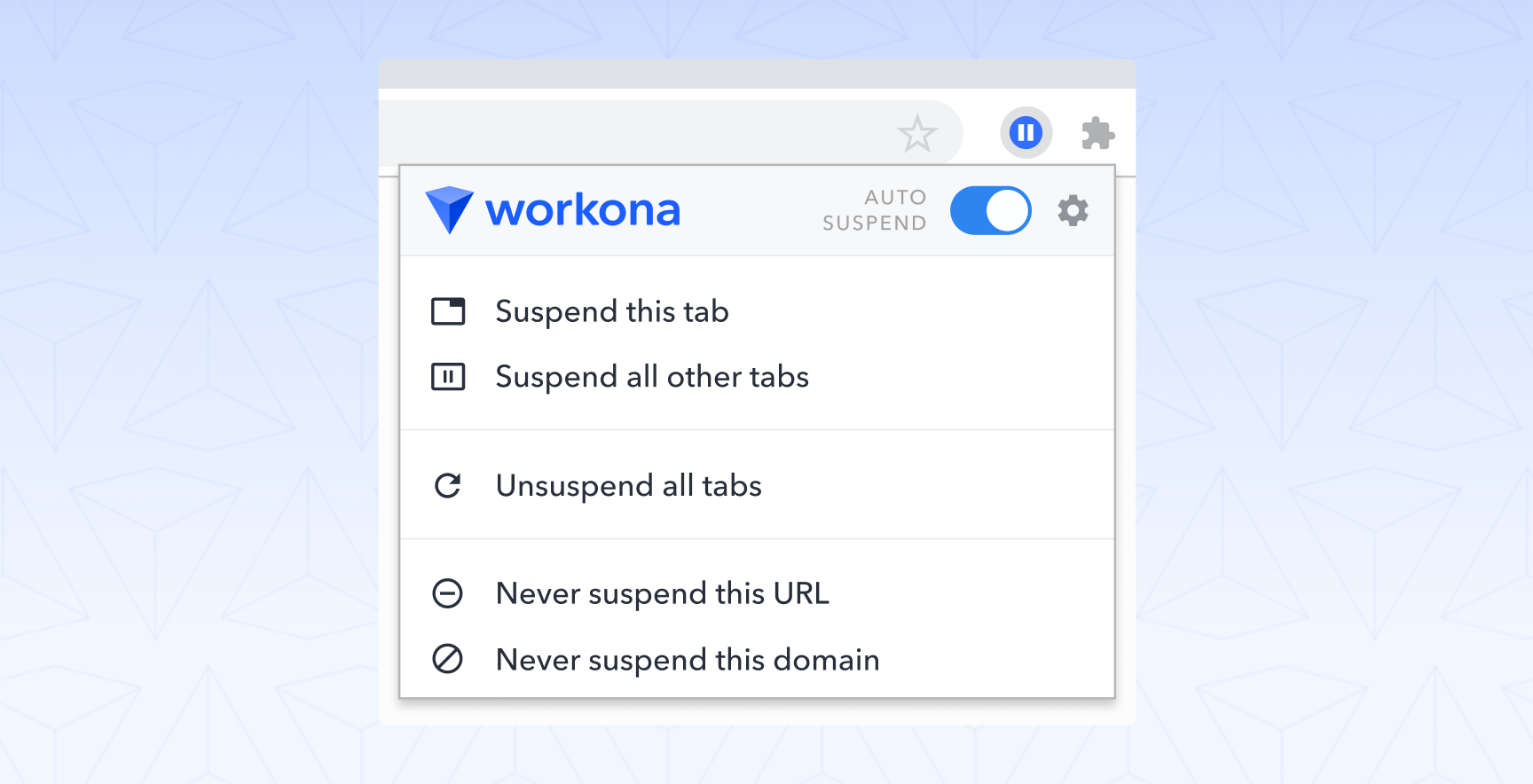 A tab suspender modal from Workona that displays options to suspend all tabs, suspend current tabs, or exclude tabs from suspension