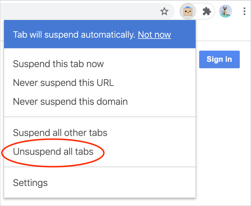 Step one in uninstalling The Great Suspender: unsuspend tabs