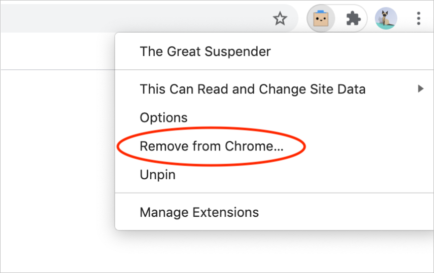 Step two in uninstalling The Great Suspender: remove from Chrome