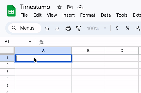 Gif of adding timestamp formula in Google Sheets