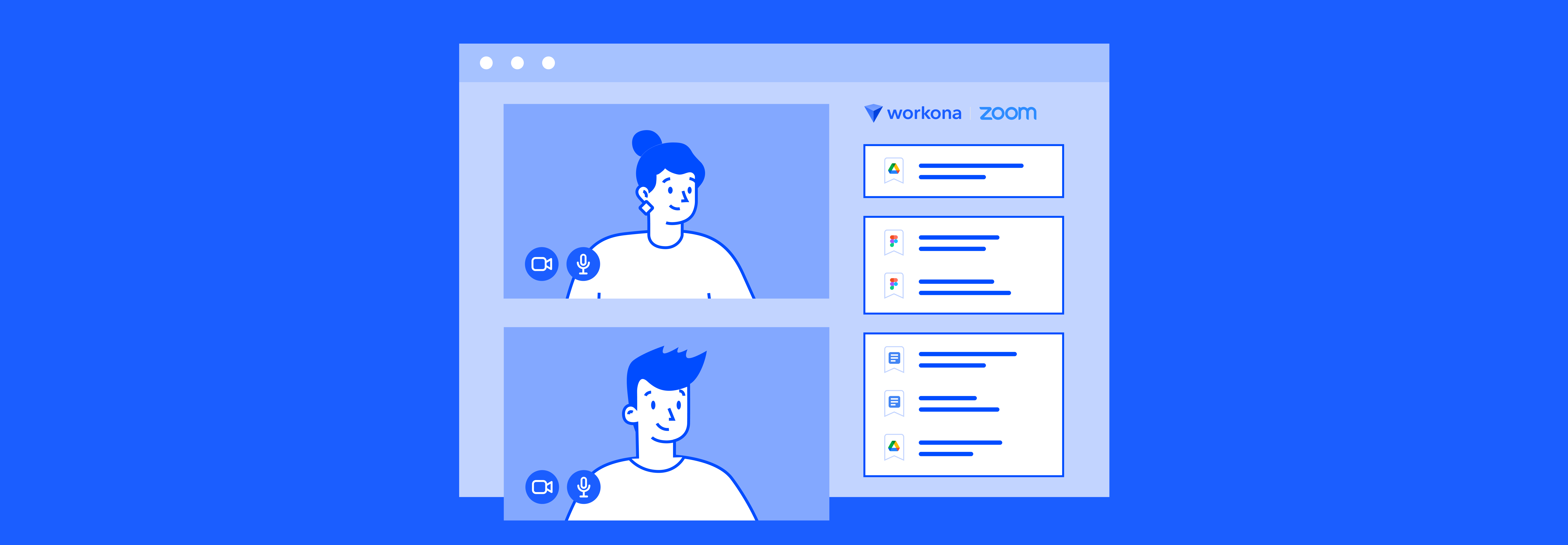 Illustration of a man and woman chatting in a Zoom video call, with the Workona app for Zoom visible