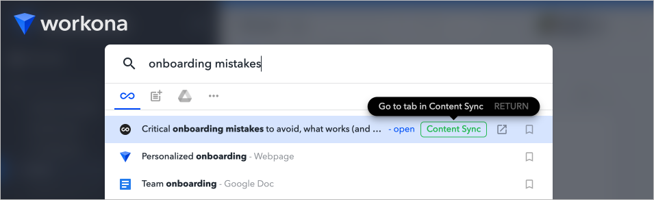 Screenshot of Workona's universal search finding an open tab