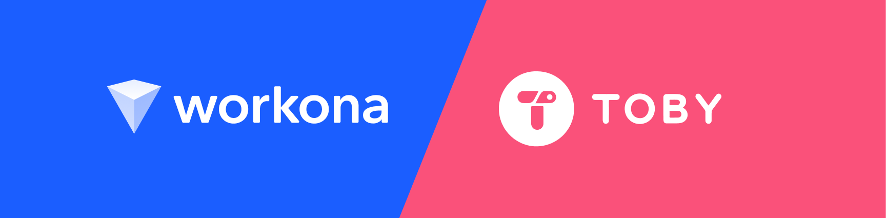 Workona logo on blue background facing off against Toby logo on pink background