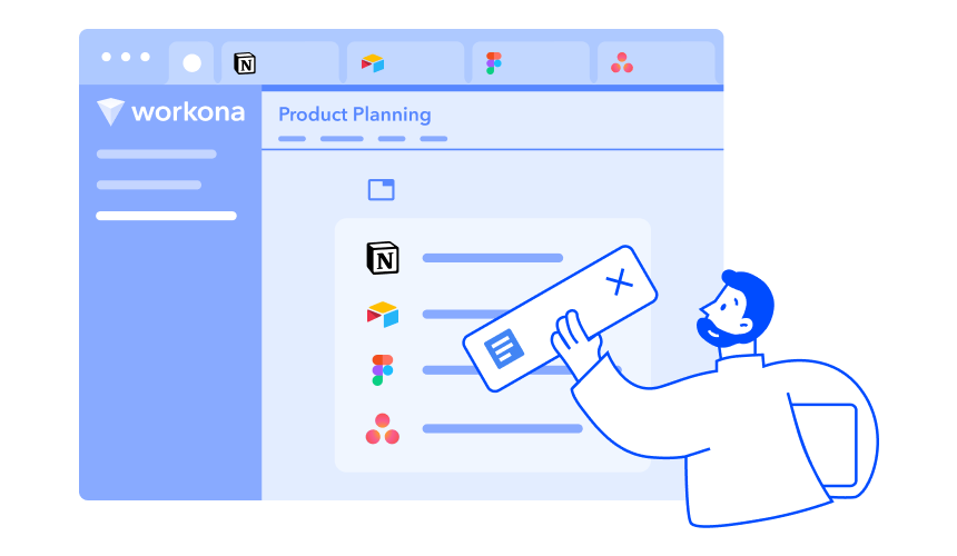 Illustration of a man holding a block that represents a Google Doc, adding it to a project workspace with other knowledge sources from cloud apps