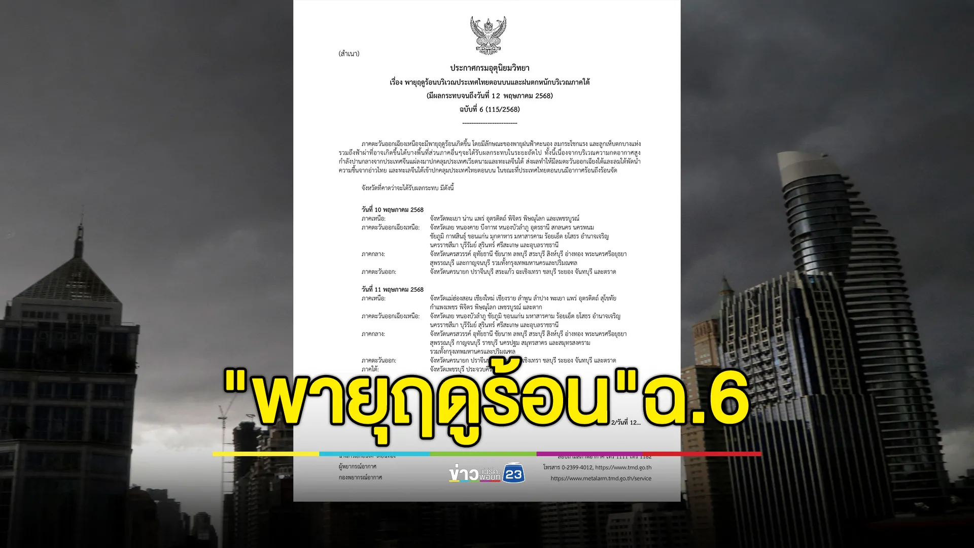 อุตุฯ ประกาศ"พายุฤดูร้อน"ฉ.6 เปิดรายชื่อพื้นที่ได้รับผลกระทบ