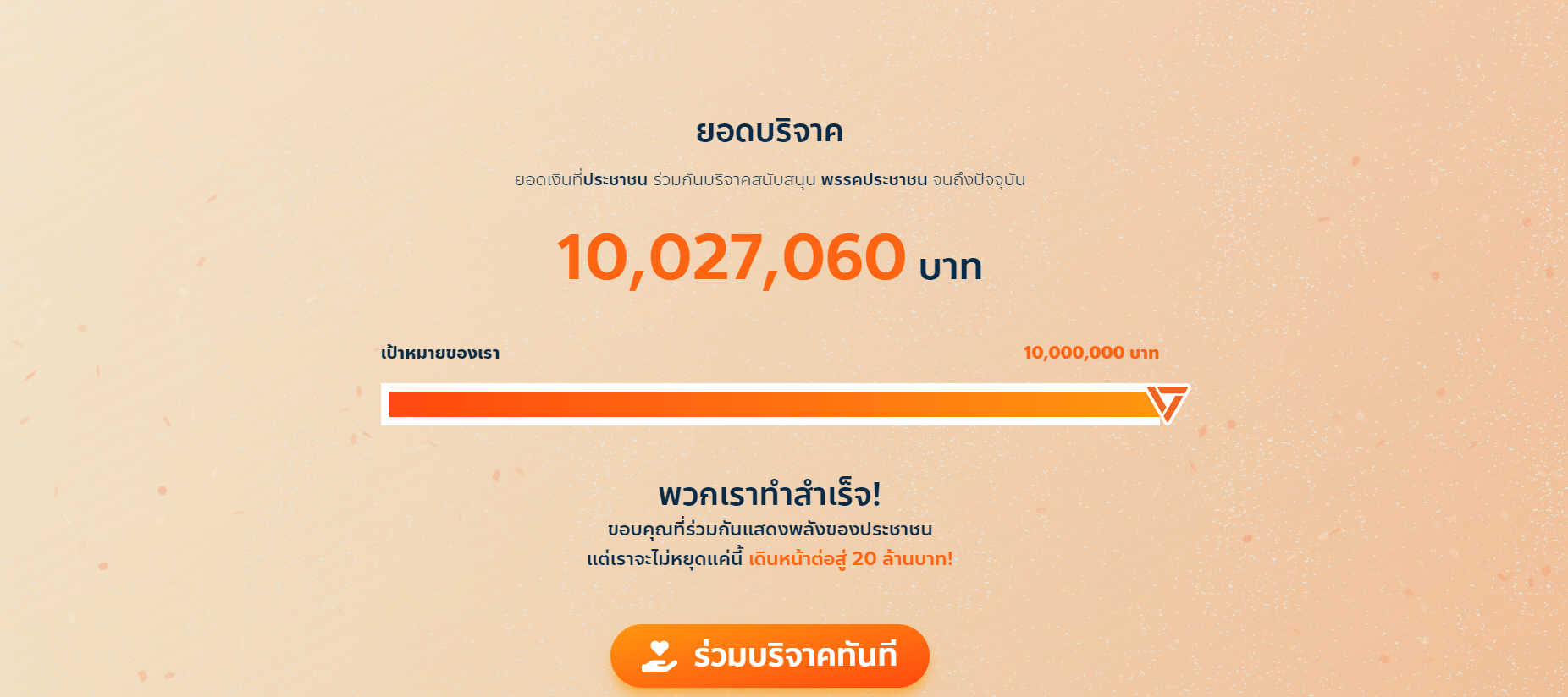 ทำสำเร็จ! ยอดบริจาคพรรคประชาชน ทะลุ 10 ล้านบาท!