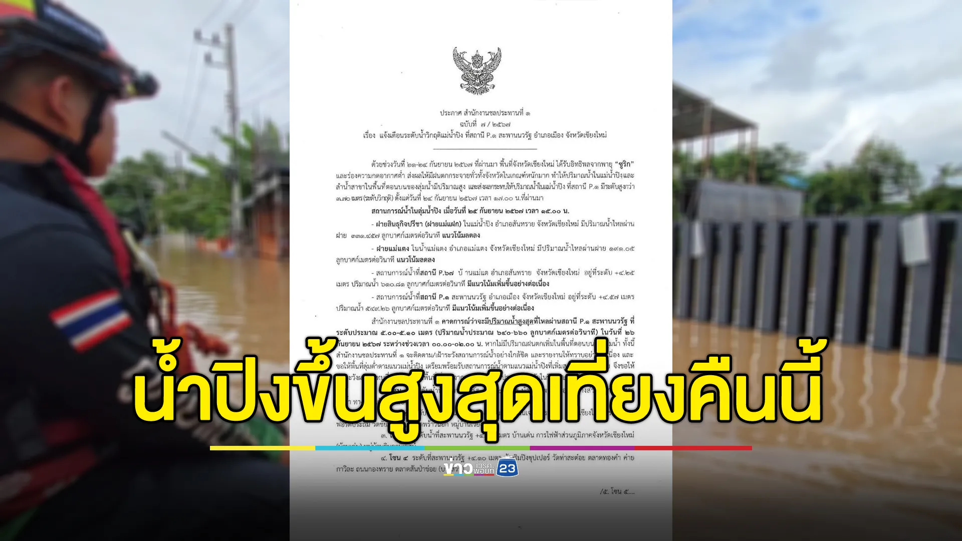 ประกาศ ฉ.7 เตือนวิกฤติ"แม่น้ำปิง"เชียงใหม่ น้ำขึ้นสูงสุดเที่ยงคืนนี้ 